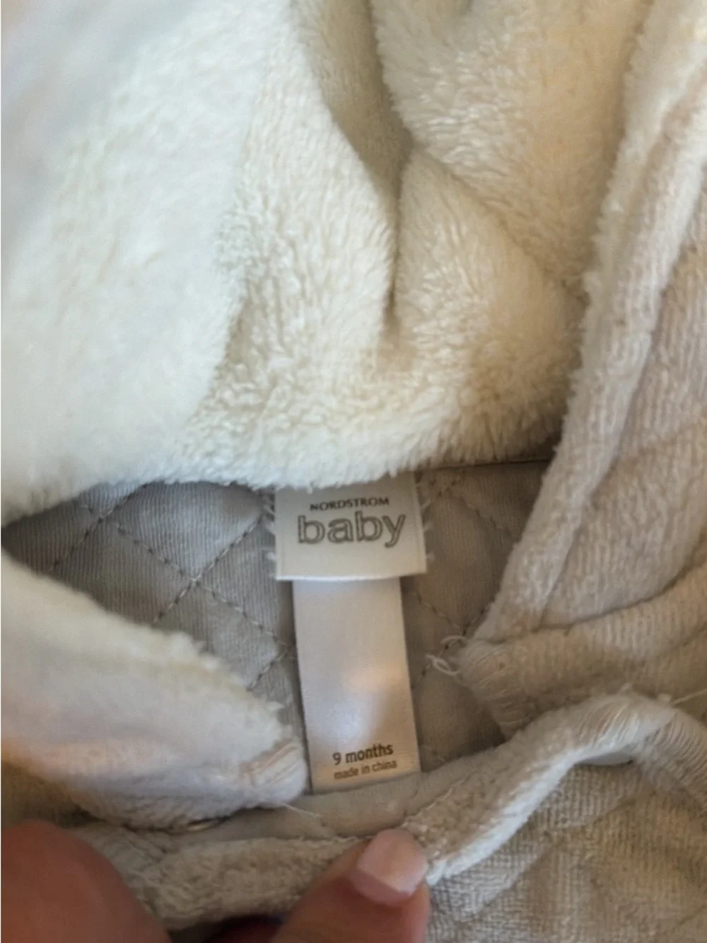 Quilted Hooded Baby One-Piece in Light Grey 9M